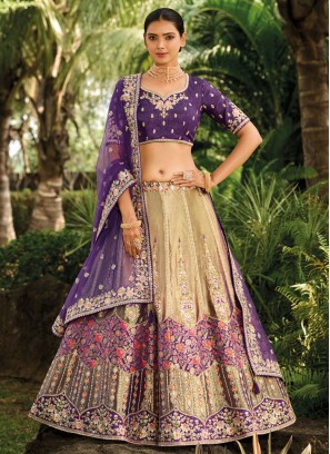 Banarasi Silk Weaving Beige and Purple Trendy Lehenga Choli