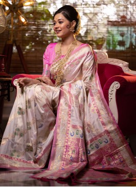 Banarasi Silk Weaving Off White Trendy Saree