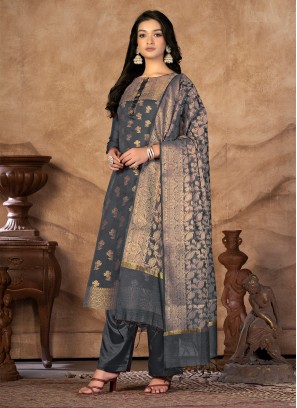 Banarasi Silk Woven Grey Salwar Kameez