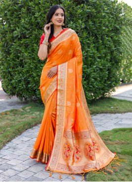 Banarasi Silk Zari Orange Contemporary Saree