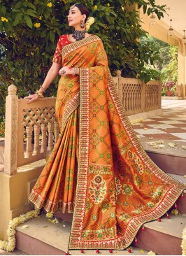 Bandhej Pure Silk Contemporary Saree in Orange