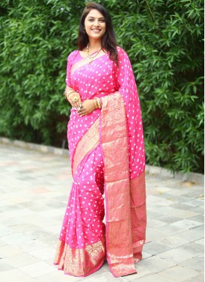 Bandhej Pure Silk Trendy Saree in Pink