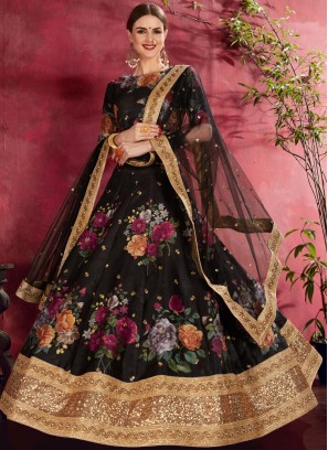 Banglori Silk Floral Print Lehenga Choli in Black