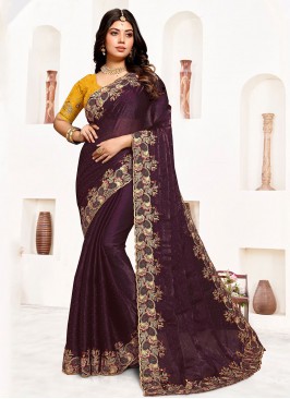 Banglori Silk Wine Embroidered Trendy Saree