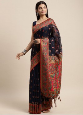 Baronial Cotton Navy Blue Woven Saree