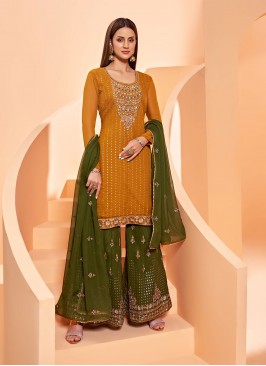 Baronial Faux Georgette Mustard Designer Pakistani Suit