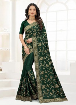 Baronial Green Satin Silk Traditional Designer Saree
