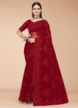 Baronial Net Embroidered Maroon Contemporary Saree