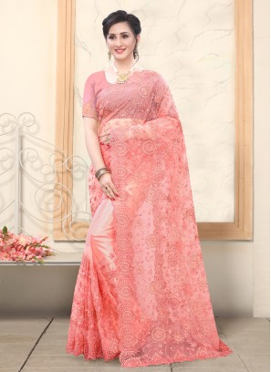 Baronial Net Embroidered Rose Pink Traditional Saree