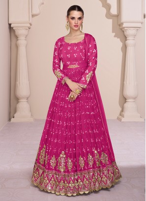 Beauteous Embroidered Hot Pink Floor Length Gown