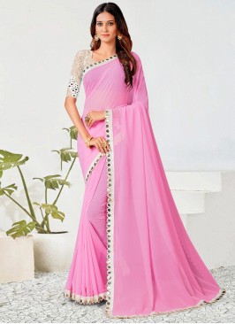 Beauteous Georgette Pink Mirror Saree