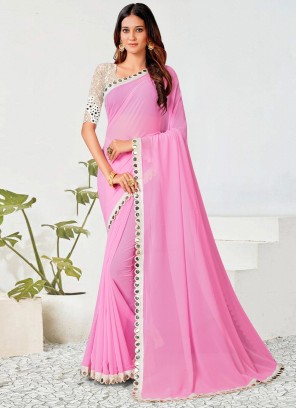 Beauteous Georgette Pink Mirror Saree