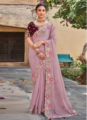 Beauteous Lavender Embroidered Classic Saree