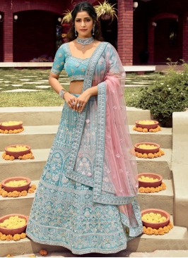 Beauteous Organza Turquoise Resham Lehenga Choli