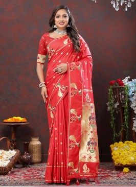 Beauteous Silk Red Weaving Contemporary Style Sare