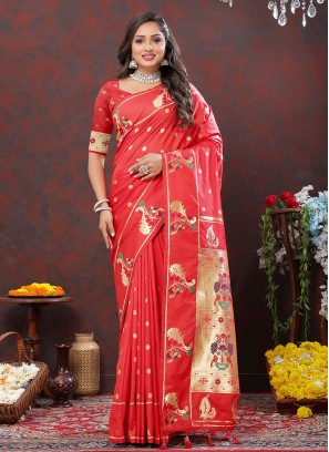 Beauteous Silk Red Weaving Contemporary Style Saree