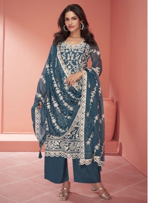 Beauteous Silk Teal Embroidered Trendy Salwar Kameez