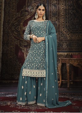 Beauteous Teal Faux Georgette Palazzo Salwar Kameez