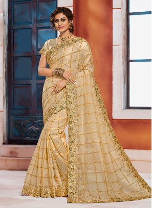 Beautiful Beige Color Function Wear Embroidered Saree