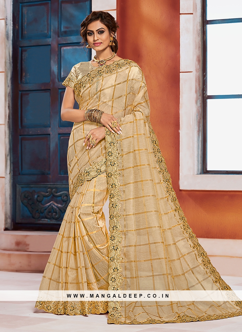 Beautiful Beige Color Function Wear Embroidered Saree