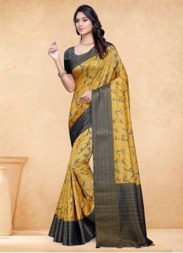 Beautiful Digital Print Mustard Tussar Silk Saree