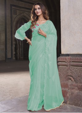 Beautiful Embroidered Aqua Blue Net Traditional Saree