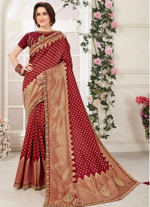 Beautiful Maroon Color Function Wear Embroidered Saree