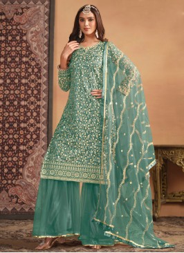 Beautiful Net Sea Green Sequins Trendy Salwar Suit