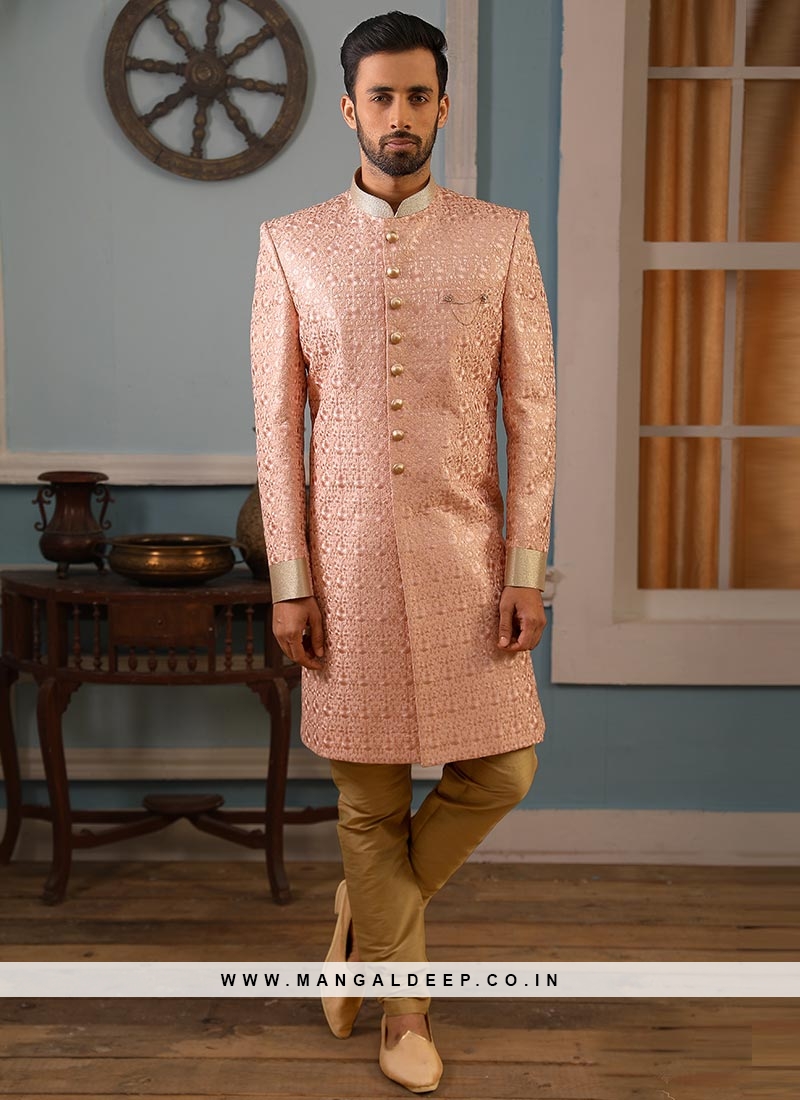Buy Peach Jacquard Jodhpuri Set With Embroidered Detail Kalki Fashion India