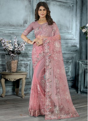 Beautiful Pink Net Contemporary Saree