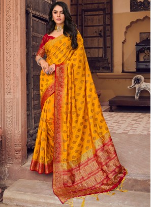 Beautiful Raw Silk Orange Trendy Saree