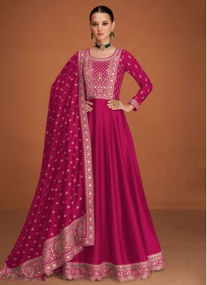 Beautiful Silk Embroidered Pink Readymade Gown