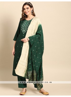 Beautiful Smooth Green Chinon Suit With Embroidery Work