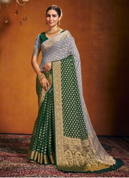 Beautiful Weaving Pure Georgette Green and Grey Trendy Saree