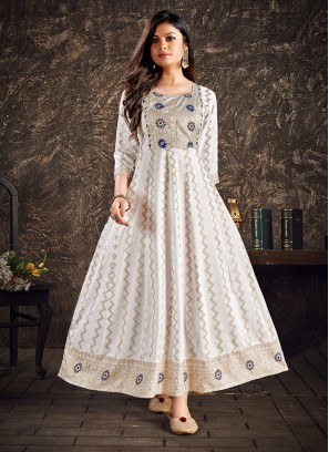 Beautiful White Rayon Printed Gown