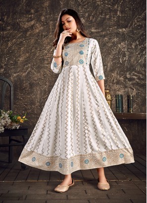 Beautiful White Rayon Printed Gown