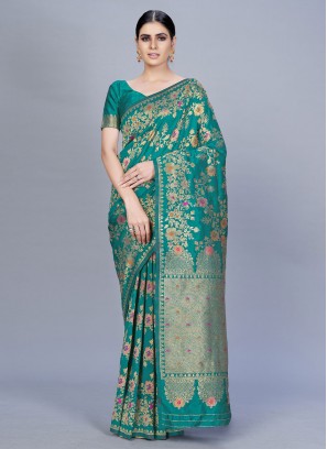 Beautiful Woven Green Banarasi Silk Classic Saree