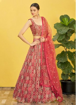 Beautiful Zari Chinon Rust Trendy Lehenga Choli