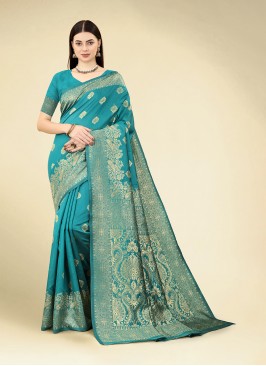 Beckoning Blue Woven Banarasi Silk Trendy Saree