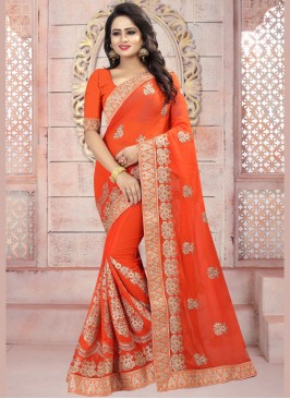 Beckoning Orange Embroidered Saree