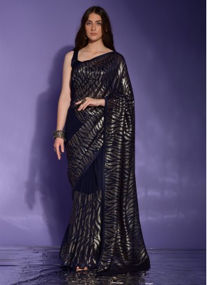 Beckoning Patch Border Navy Blue Georgette Classic Saree