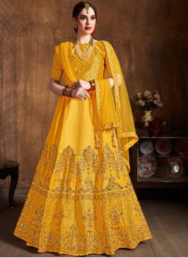 Bedazzling Art Silk Yellow Lace Lehenga Choli