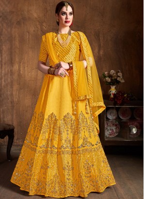 Bedazzling Art Silk Yellow Lace Lehenga Choli