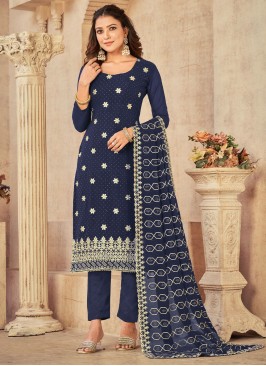 Bedazzling Embroidered Georgette Blue Pant Style Suit