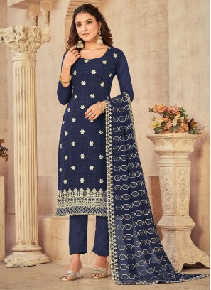 Bedazzling Embroidered Georgette Blue Pant Style Suit
