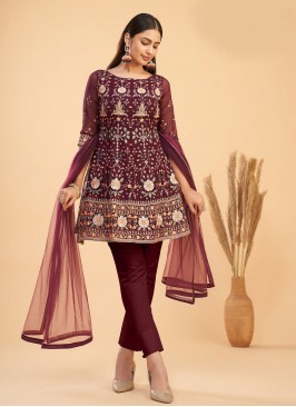 Bedazzling Maroon Embroidered Pure Georgette Designer Salwar Kameez