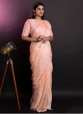 Bedazzling Peach Chiffon Contemporary Saree