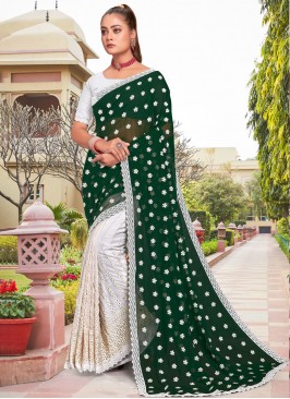 Bedazzling Resham Green and White Saree