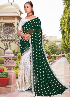 Bedazzling Resham Green and White Saree