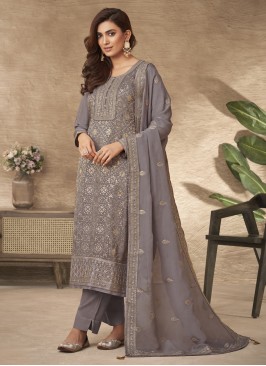 Bedazzling Resham Grey Jacquard Pant Style Suit